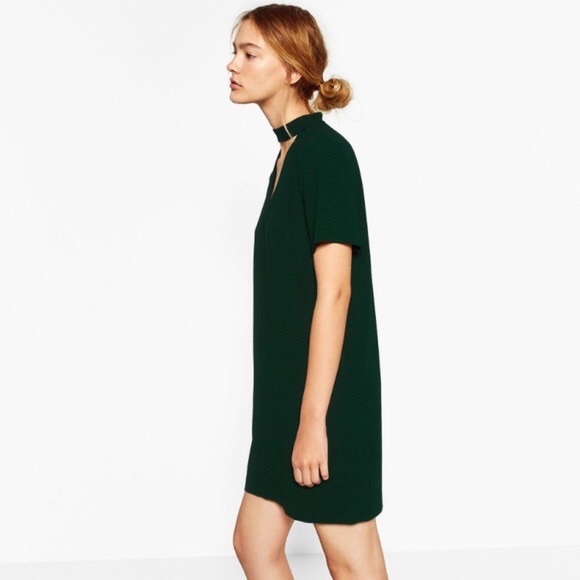 Zara Emerald Green Choker V-Neck Plunge Shift Dress - Picture 2 of 11